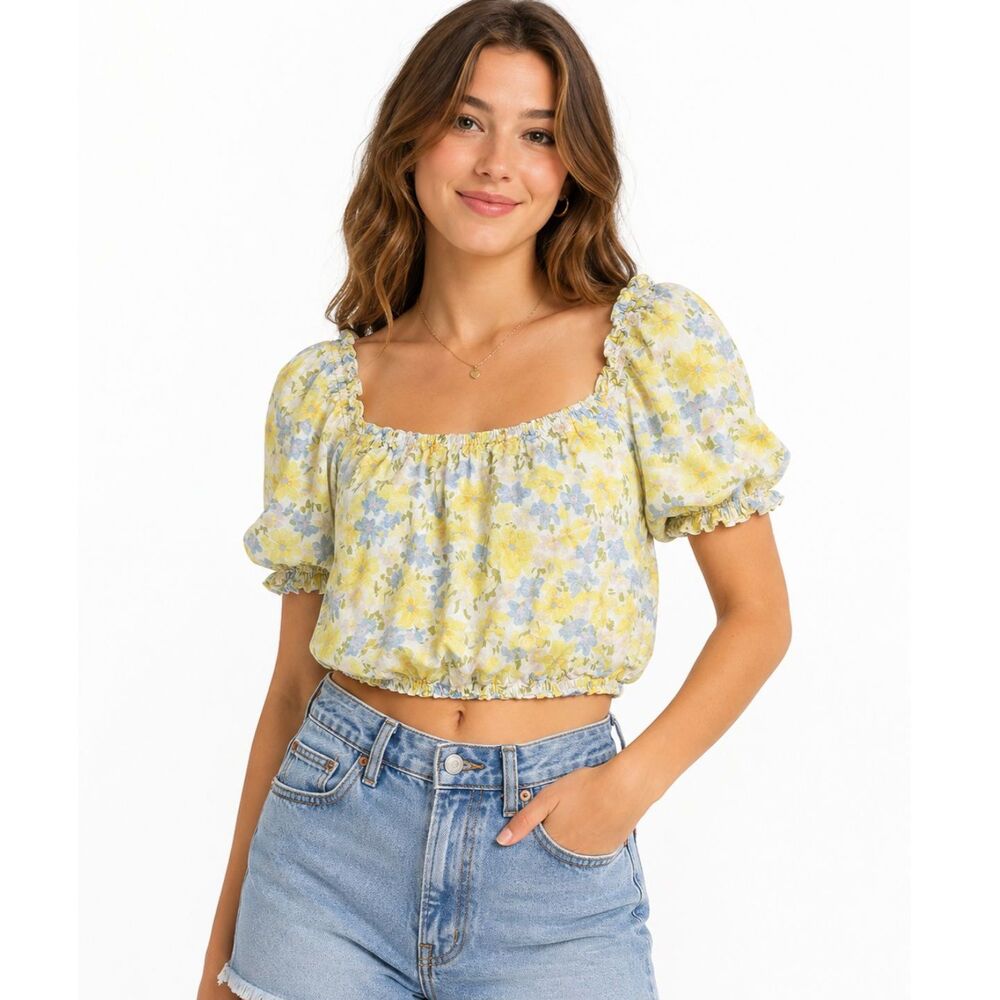 GB Yellow Floral Puff Sleeve Crop Top M Linen Blend Cottagecore Peasant Blouse